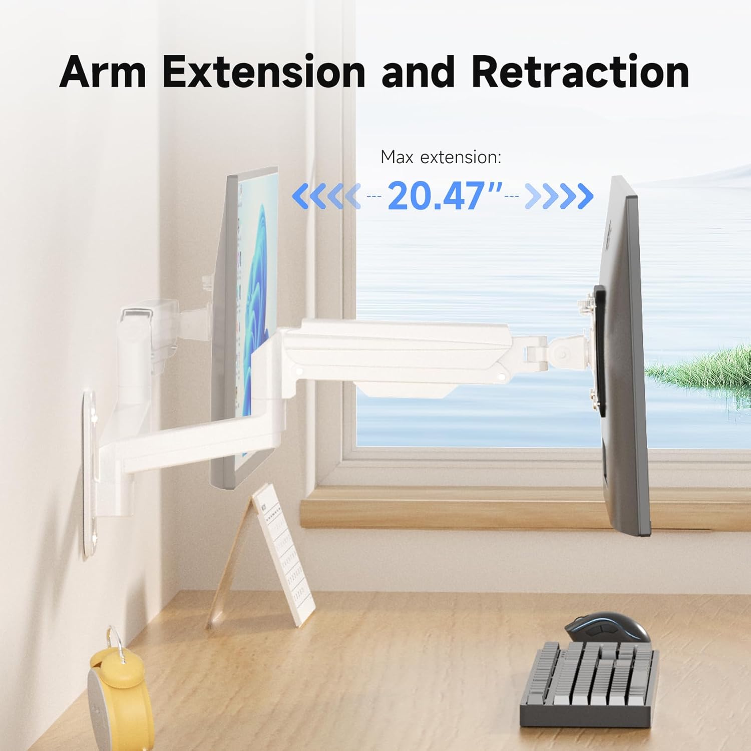 Image showing the maximum extension of the monitor arm, which is 20.47 inches.