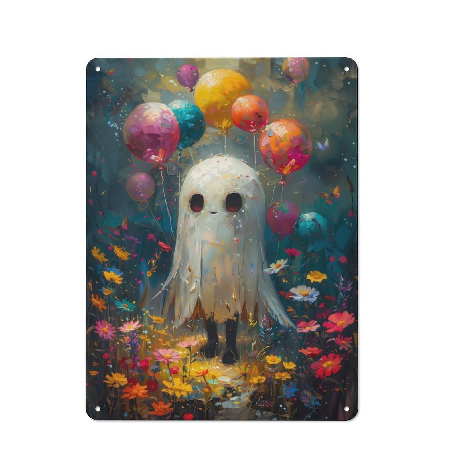 Junmoney Cute Ghost With Balloons Metal Wall Sign 40X30cm, Retro Decor For Home Bar Wall, For Metal Sign Collectors, For Garage And Workshop Walls