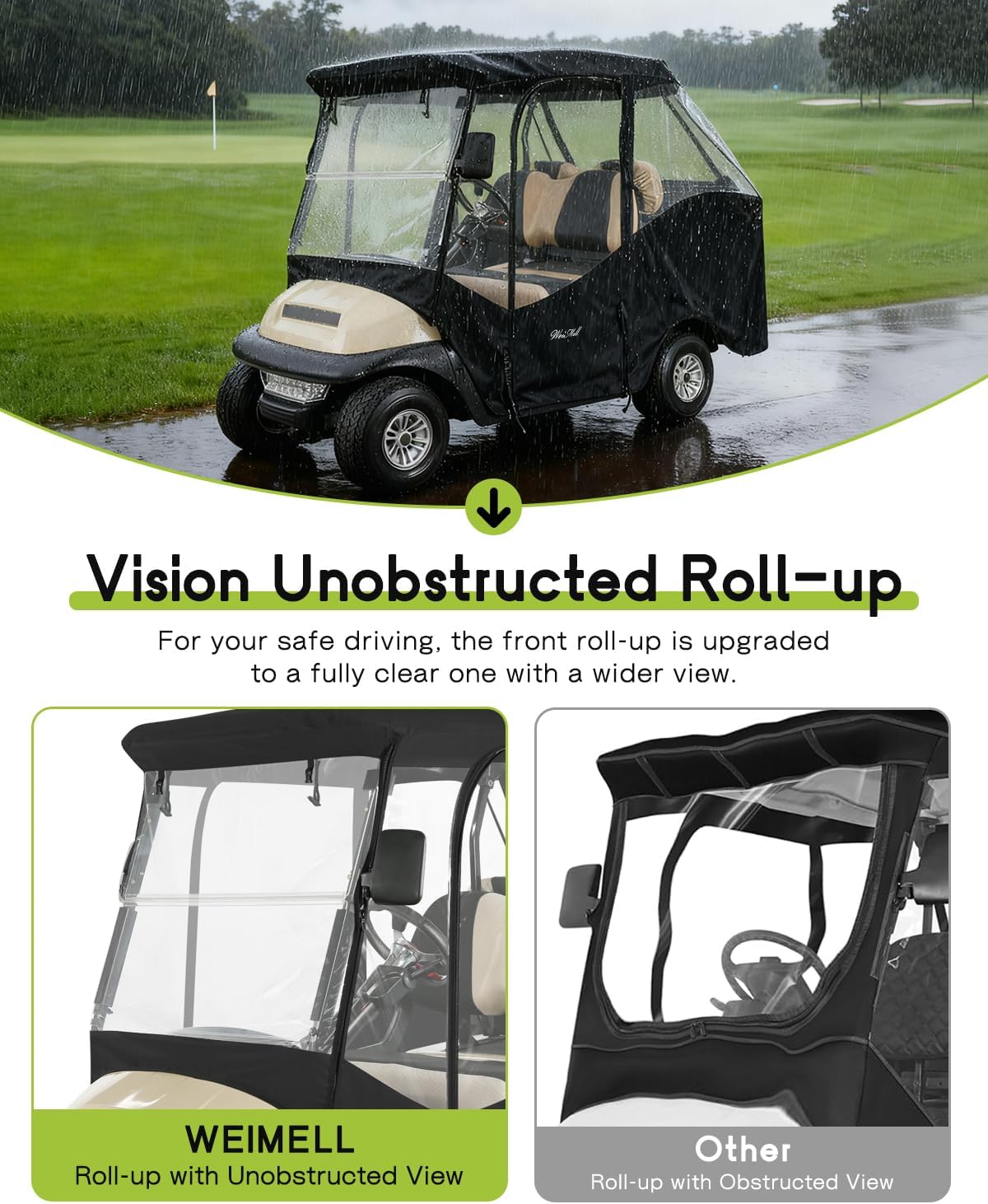 4 Passenger Golf Cart Enclosure for Club Car Precedent Tempo Short Roof 2+2 57.5" Waterproof Windproof Driving Rain Cover 4-Seater with 4-Sided Clear Windows Roll-up Zipper Door Black