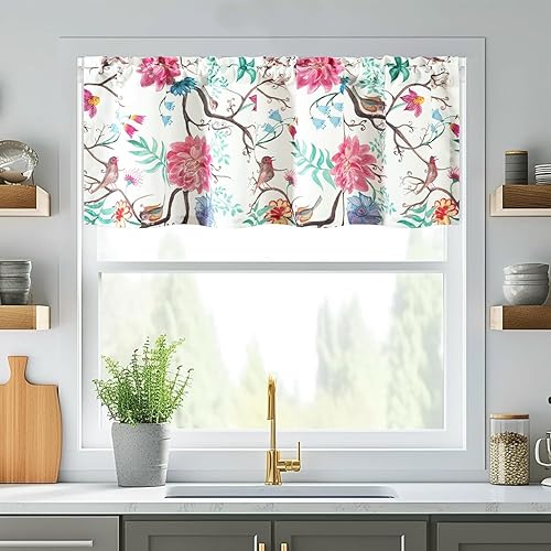 Miniatura 158 de VOGOL Cenefas con patrón de pájaros para ventanas de cocina, cenefa texturizada de lino con estampado floral y pájaros para ventanas pequeñas