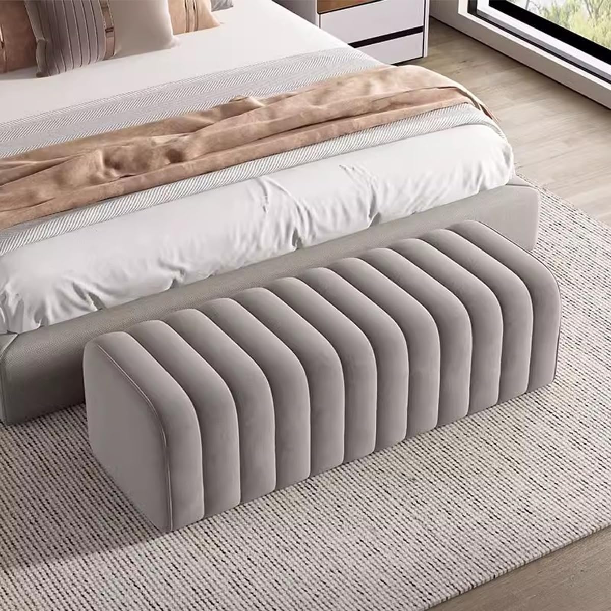 The Sofa Studio - Modern Ottoman Velvet Bench 2 Seater Channel Tufted Bed Side Bench for Living Room, Bedroom, Entryway (Light Grey)-image-9