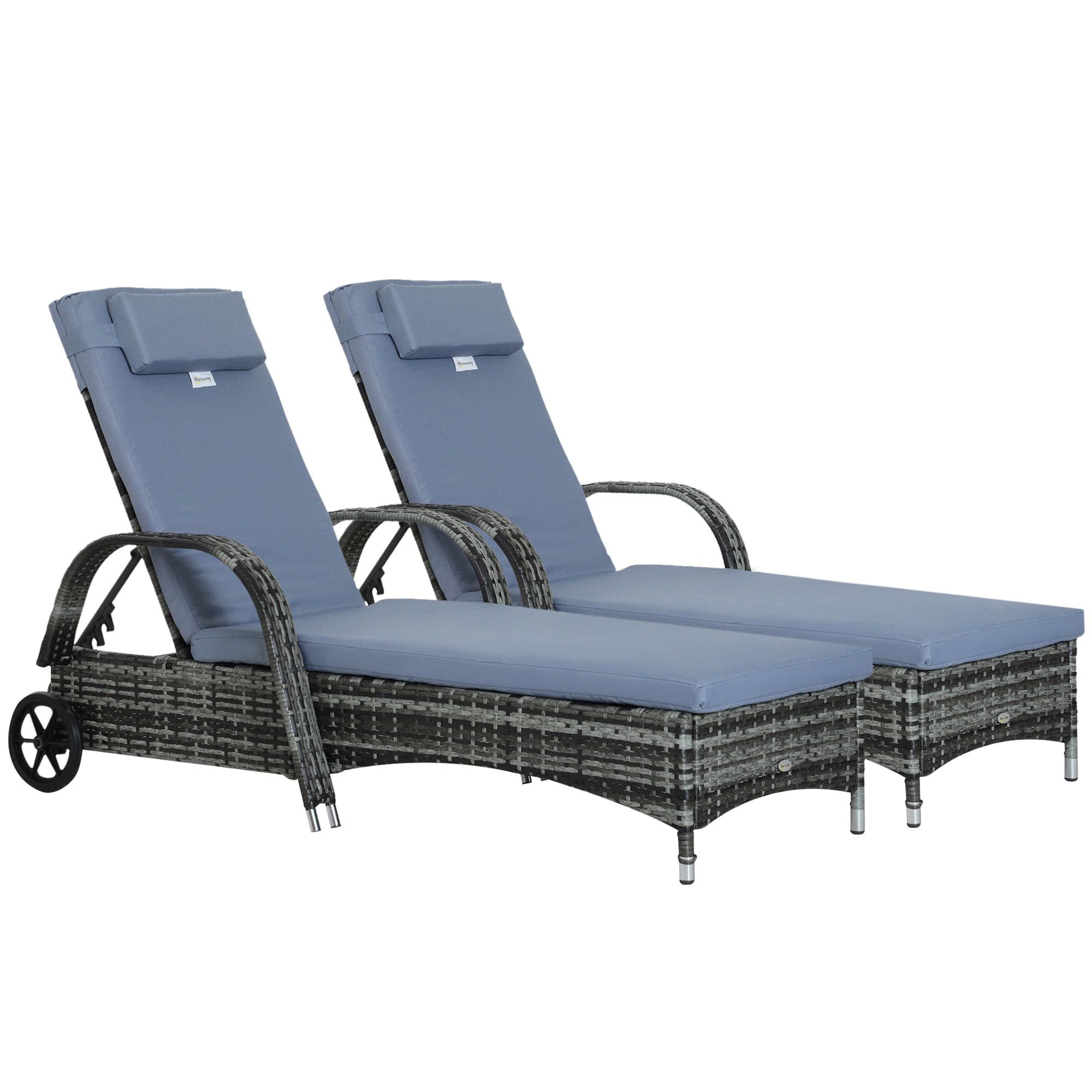 OutsunnyWicker Outdoor Chaise Lounge Set of 2, 5-Level Adjustable Backrest PE Rattan Pool Lounge Chair with Wheels, Cushion & Headrest, Mixed Gray and Gray