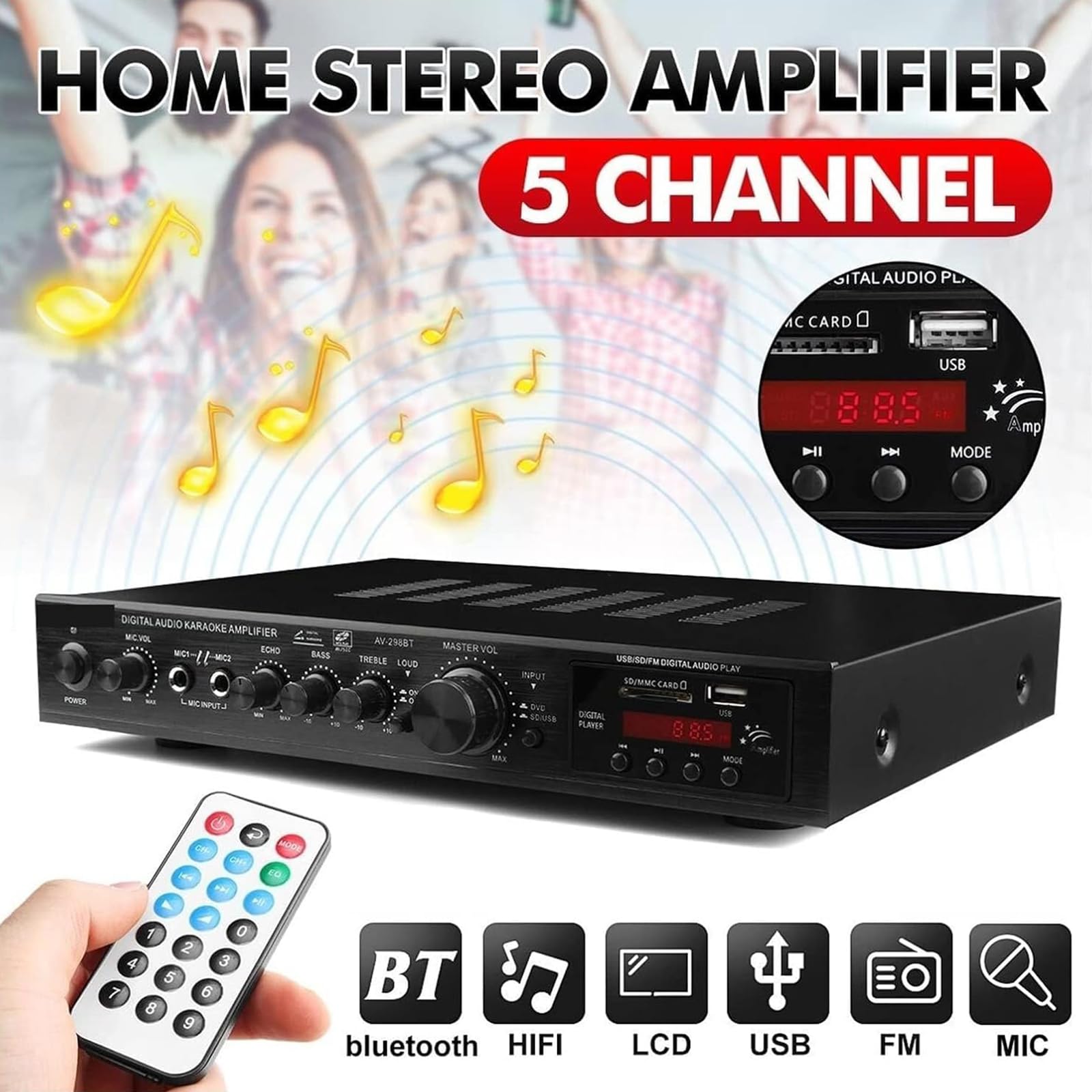 Amplificatore 5.1 Canali Suono Surround Amplificatore Bluetooth Per Sistema Hi-fi Surround Suono Led Usb Av Alimentazione 298bt Amplificatore Alta Risoluzione Player Subwoofer Per Auto Gold