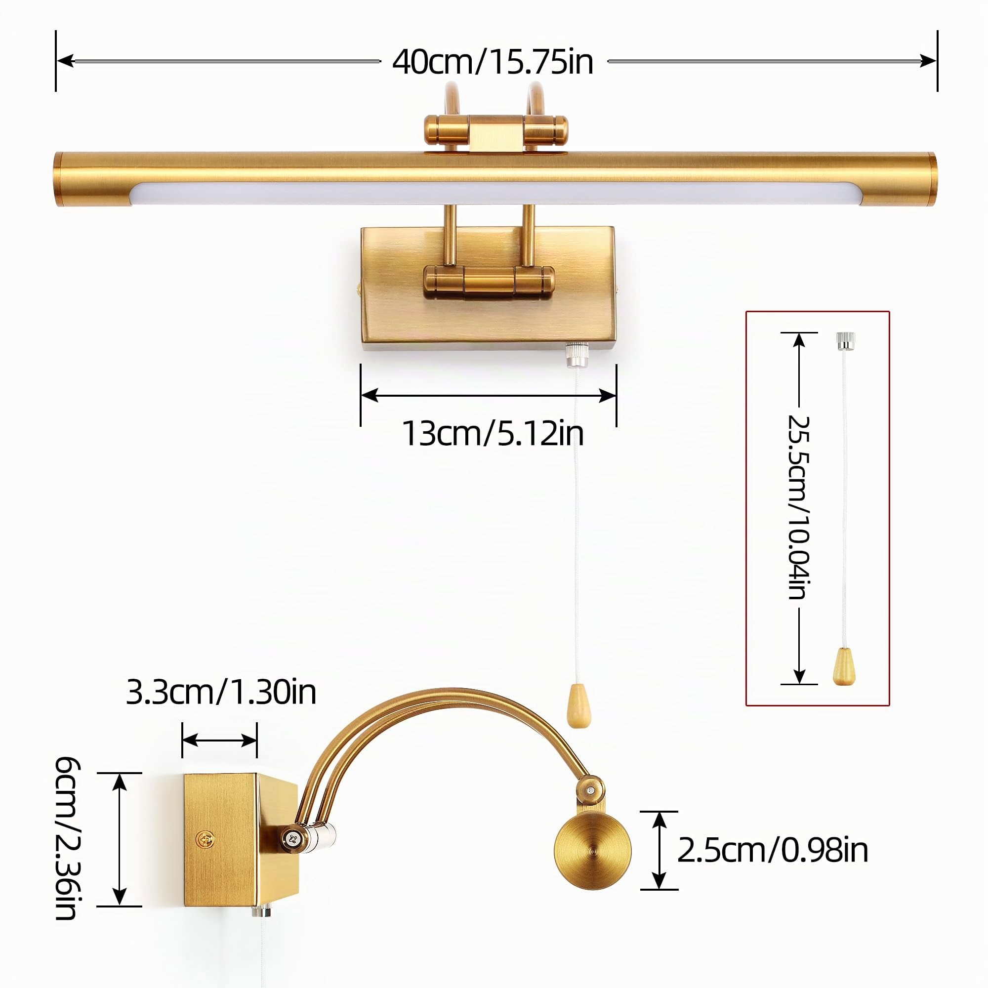 Applique Parete LED 40cm 8W Illuminazione Specchio Bagno IP44 3000K Ottone Braccio Regolabile Interruttore a Trazione Luce da Lettura Interni Applique per Comodino