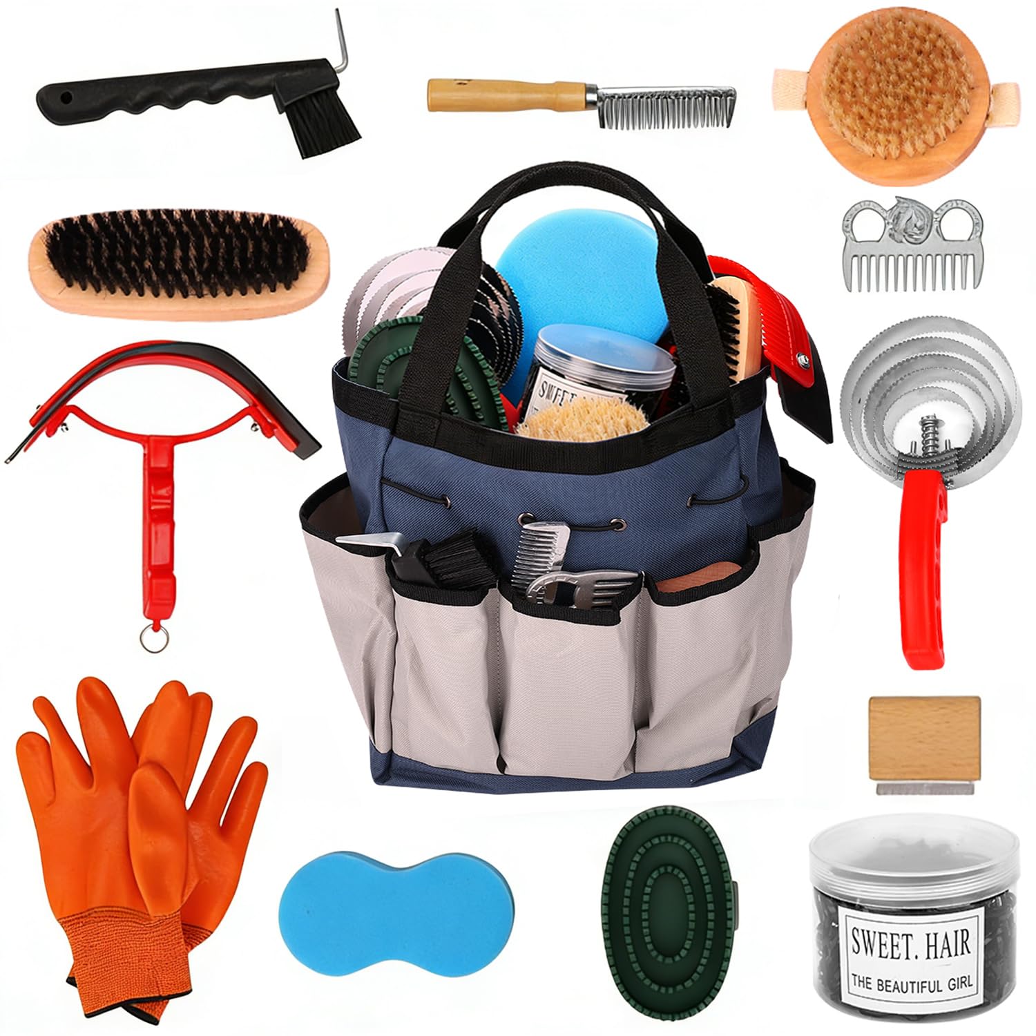 Horse Grooming Kit 13 Piece, Complete Horse Brushes & Grooming Supplies Set with Organizer Bag, Curry Comb, Hoof Brush, Bath Brushes & Accessories for Horse Care