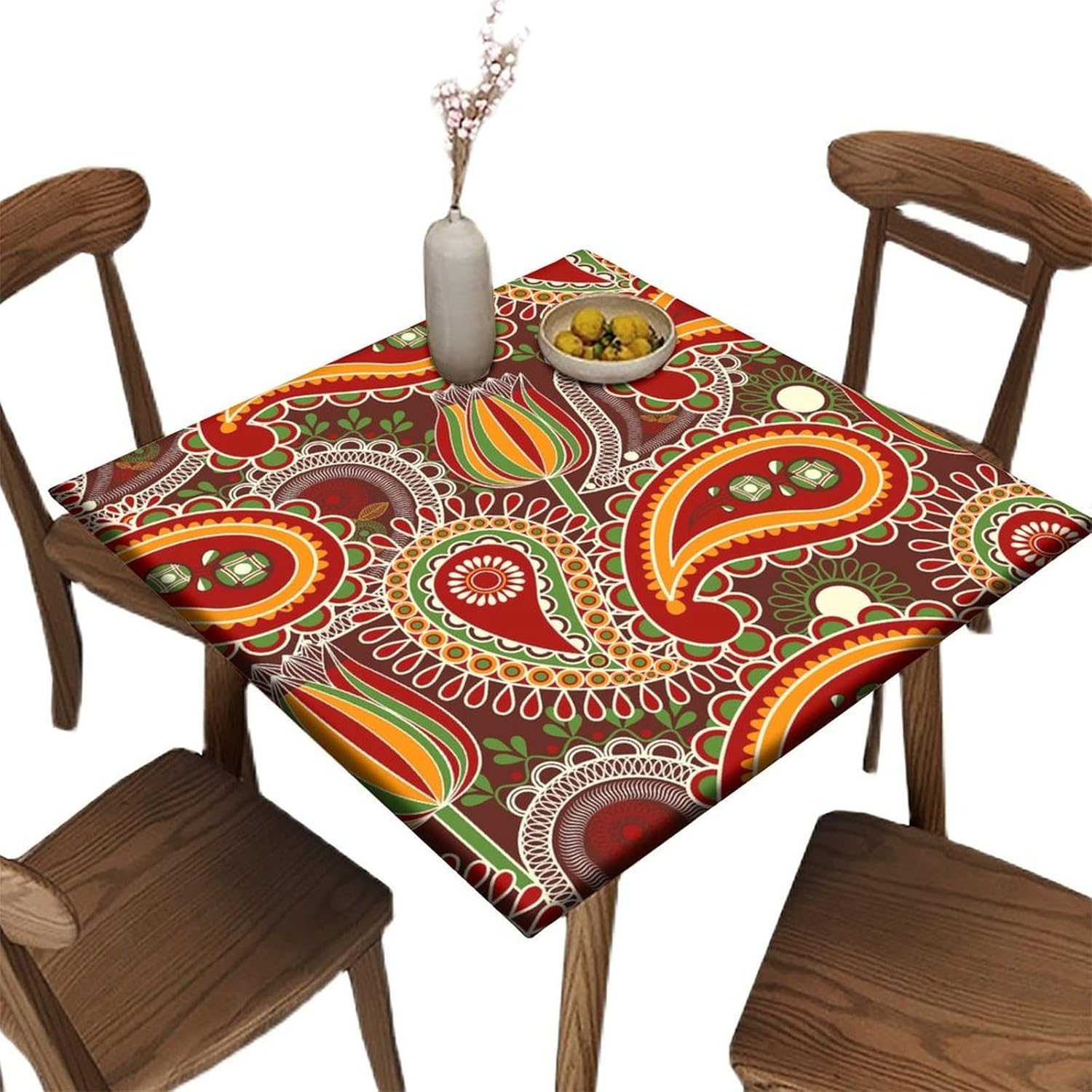 Elastic Edge Fitted Tablecloths, Flower Pattern Printed on Stain Resistant Polyester Table Cover, for Living Room Terrace Party Washable, Fit for 60" x 60"Square Table