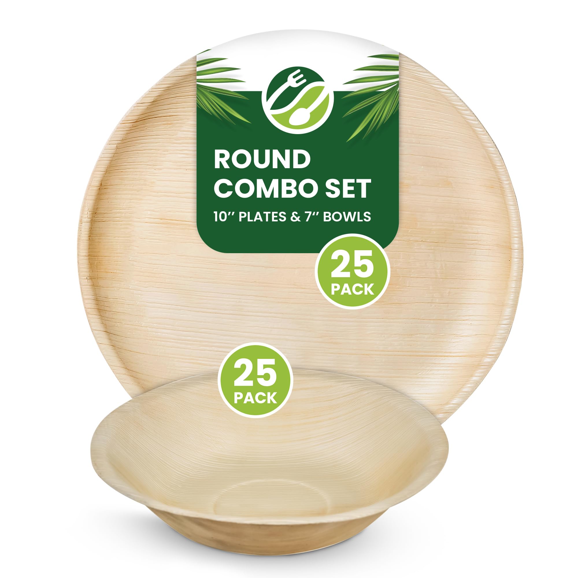 Eco Leaf 50pcs Disposable Palm Leaf Plates and Bowls Combo Set – 25x 10 Round Plates and 25x 7 Round Bowls – Eco-Friendly, Biodegradable, Oven Safe, Durable for Parties and Picnics