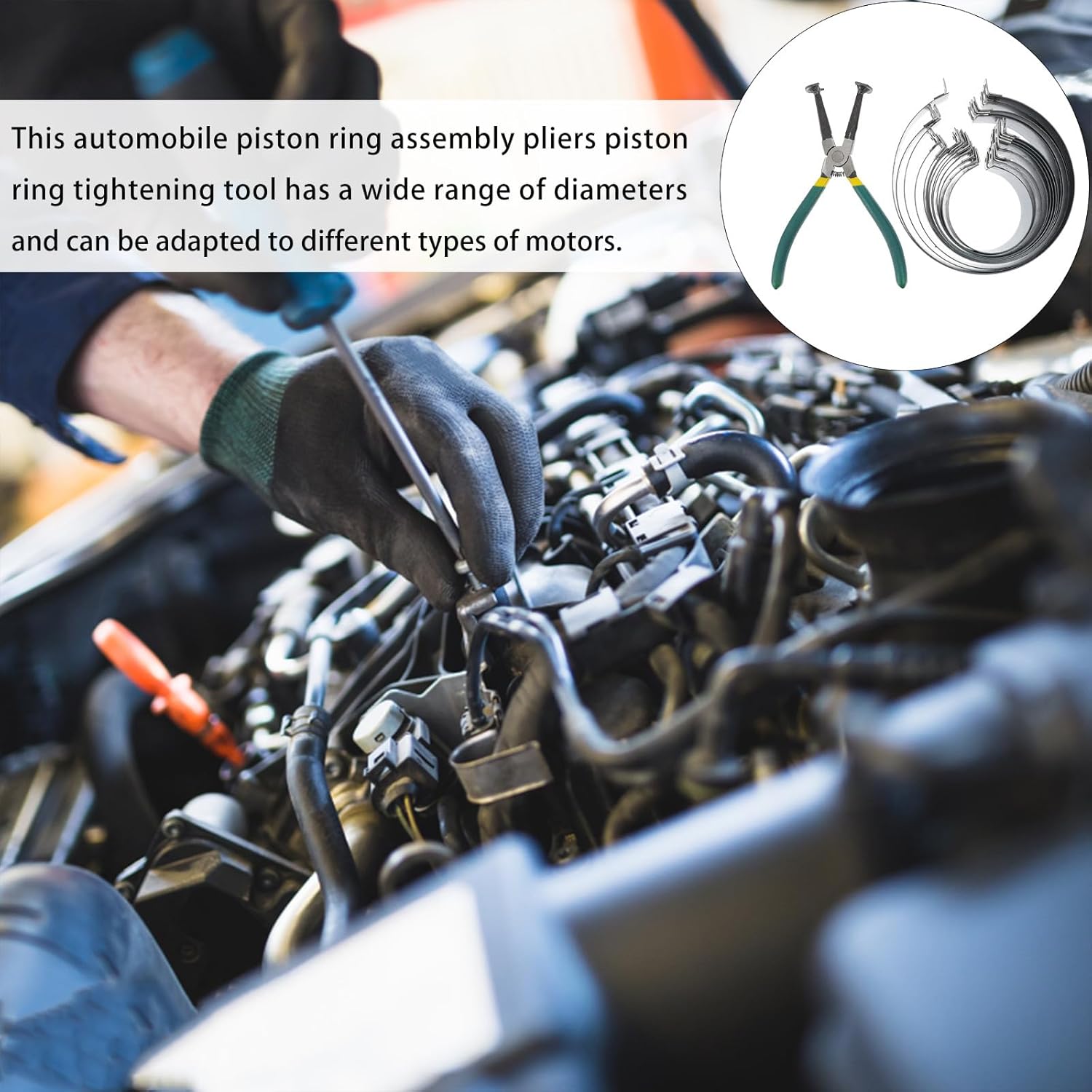 Hemoton Piston Ring Compressor Tool Set with Piston Ring Pliers and Bands for Car and Truck Engine Cylinder Installation and Removal