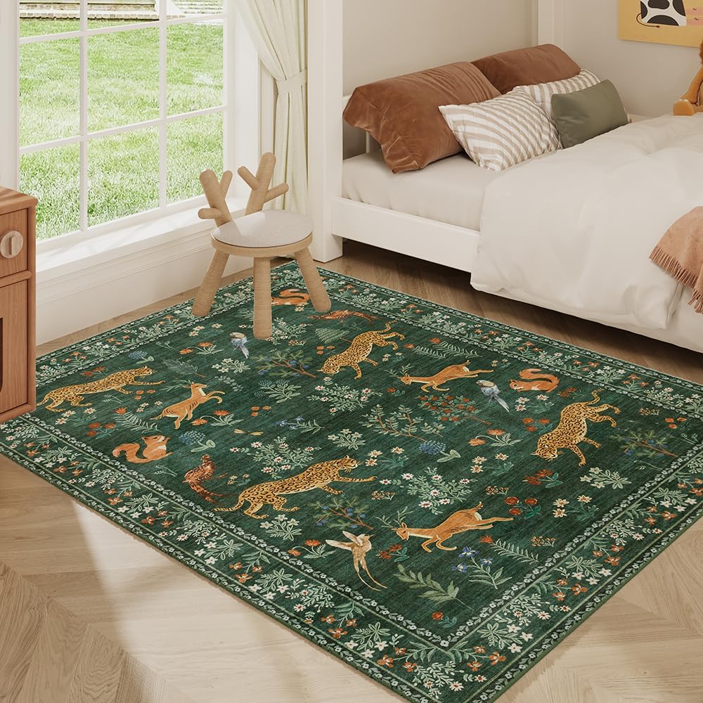 8x10 Green Animal Washable Area Rug for Living Room, Dining Room, Bedroom, Large Carpets, Non Slip & Non-Shedding Low Pile Vintage Print Rug for Home Office Decor
