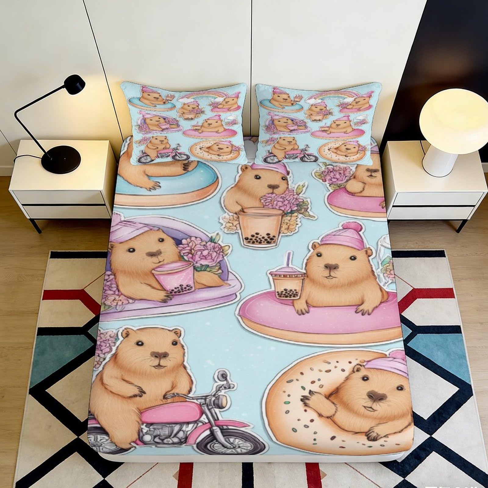 Jqzkxnhpbr Style-8 3D Printed Cute Bear Donut Fitted Sheet Microfiber Soft Breathable Cartoon Dessert Bed Cover For Bedroom Dorm Decor 90X200x25cm