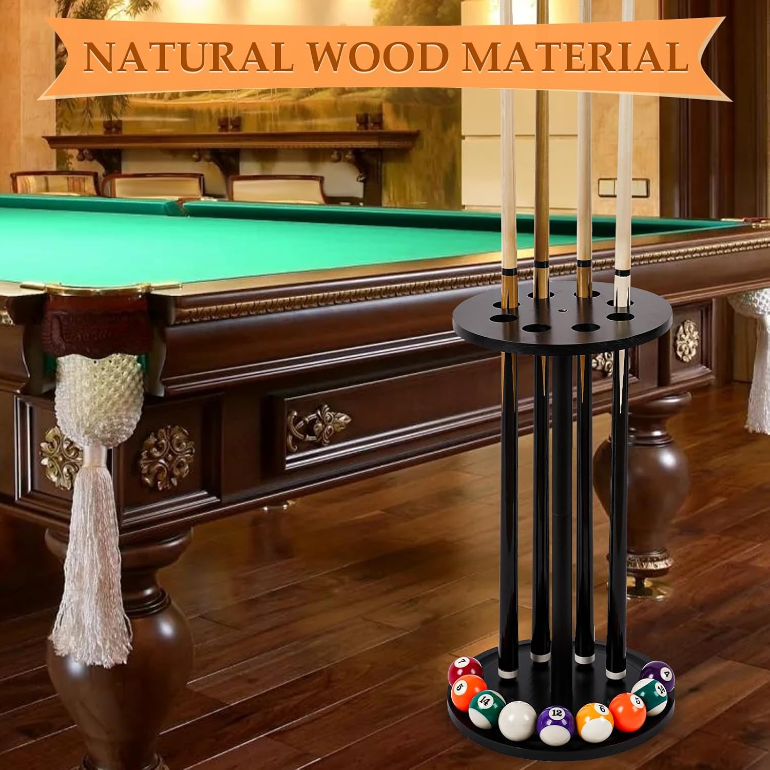 Pool Stick Holder Floor Stand - Round Billiard Cue Rack Pool Table Accessories Holds 8 Pool Cues, Wooden Freestanding Pool Cue Rack Billiards Table Stand for Game Room Billiard Room Decor(Black)