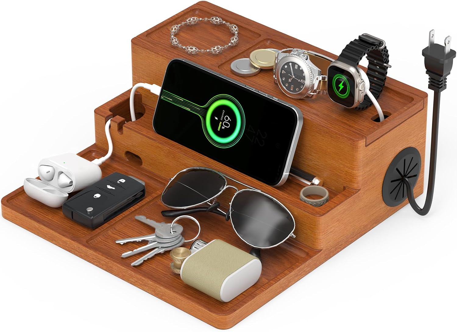 Valet Tray, Nightstand Organizer with Charging Station, Assembly-Free 3 Layer Wood Valet Tray for Men, Phone Docking Station with USB Ports for Watch, Jewelry & Accessories, Nice Gift (Classic Black)