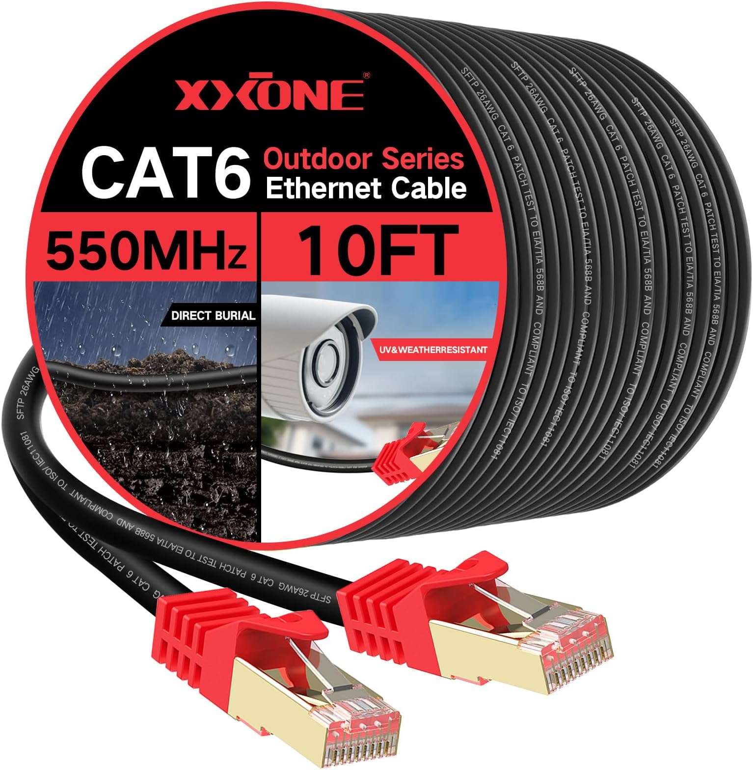 XXONE 10ft Cat6 Ethernet Cable - 26AWG Heavy-Duty, Waterproof & Direct Burial, Outdoor LAN Cable - Compatible with Network Adapters, Hubs, Switches, Routers (RJ45 Connector)