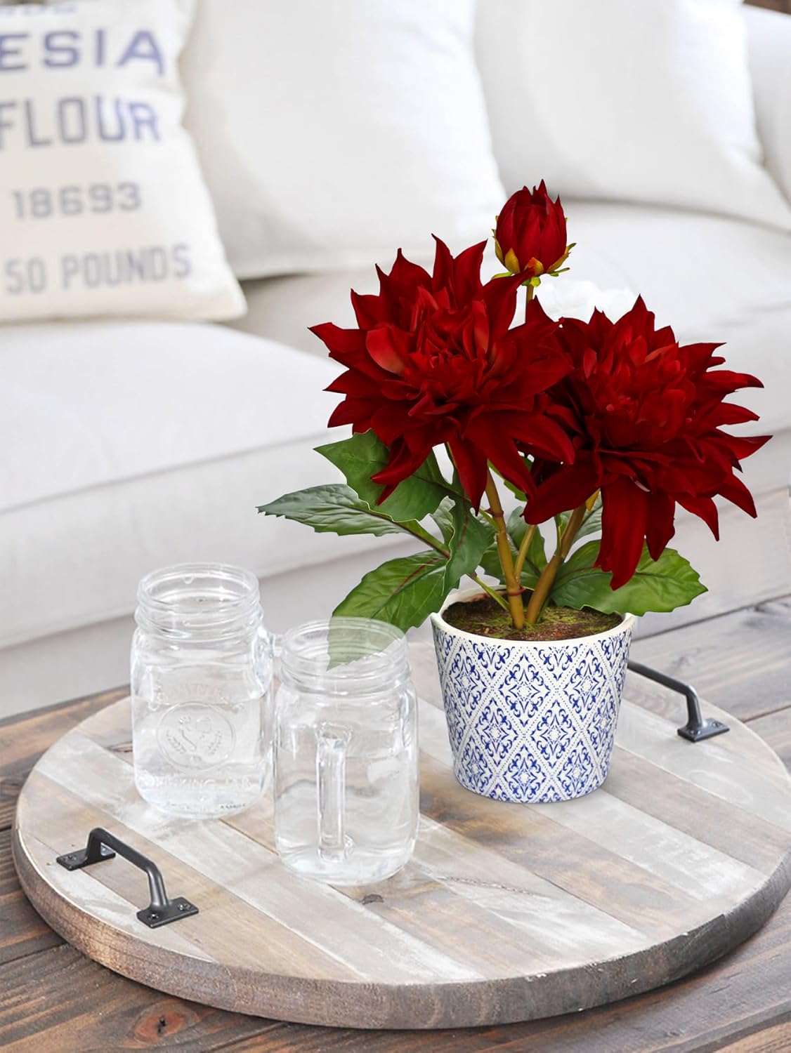 Briful Artificial Dahlia Fall Flower in Blue and White Ceramic Pot – 13.8" Silk Dahlias Arrangement Faux Potted Dahlia Floral Centerpiece for Autumn Home Room Kitchen Table Shelf Decor(Burgundy) - Image 3