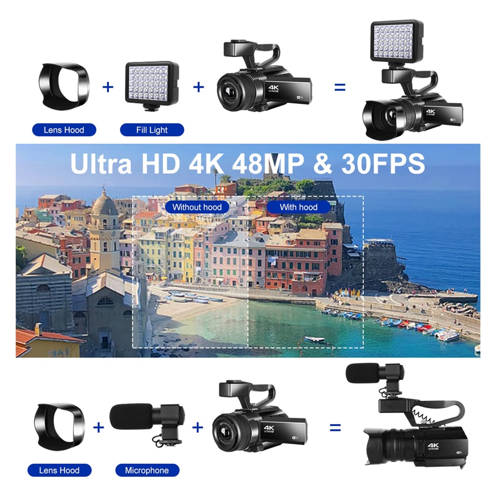 Appareils Photo Numériques, Caméscope de caméra vidéo 4K Wifi 4 8MP Caméras de vlogging for enregistrement Vlog Recordage 30x Zoom 3.0inch tactile Ivre Enregistreur de vision nocturne(128G SD Card,bla