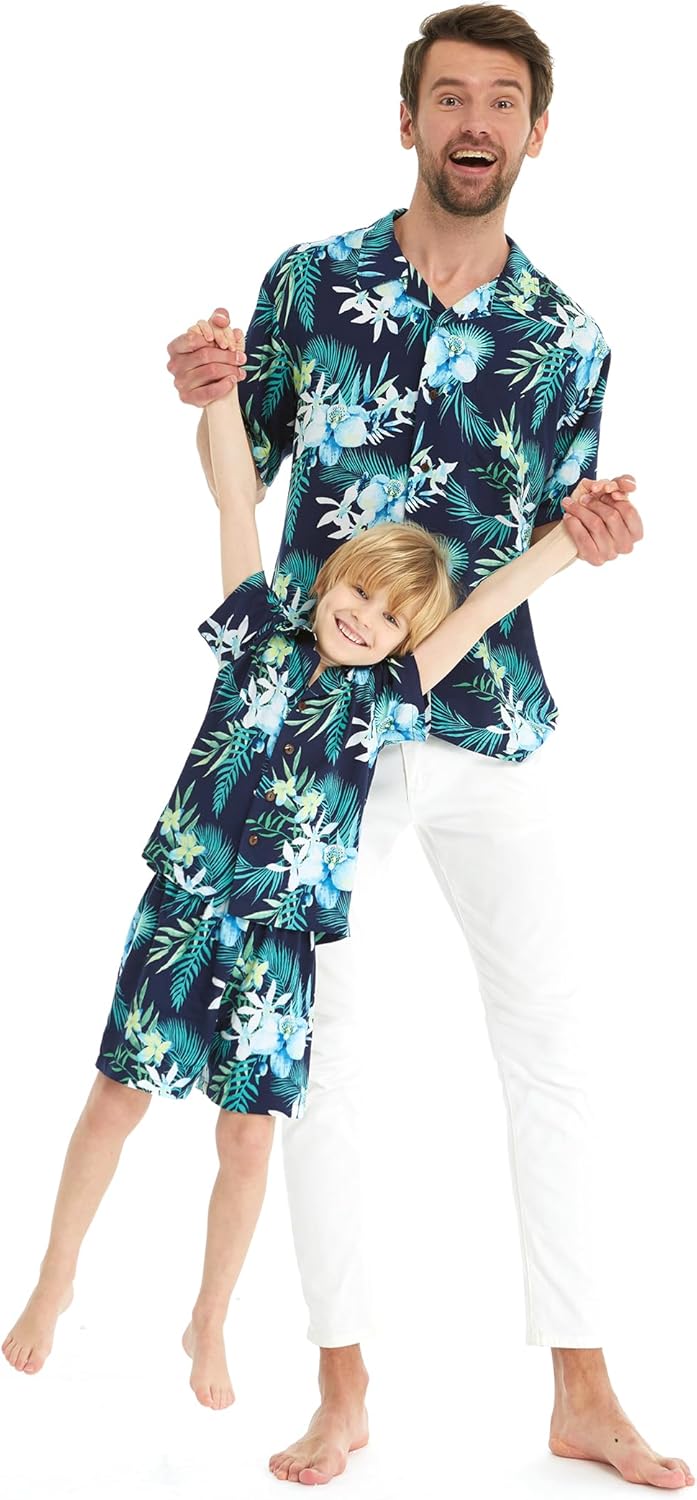 Matchable Hawaiian Luau Father Son Men Aloha Shirt or Boy Aloha Shirt in Orchid Breeze Navy