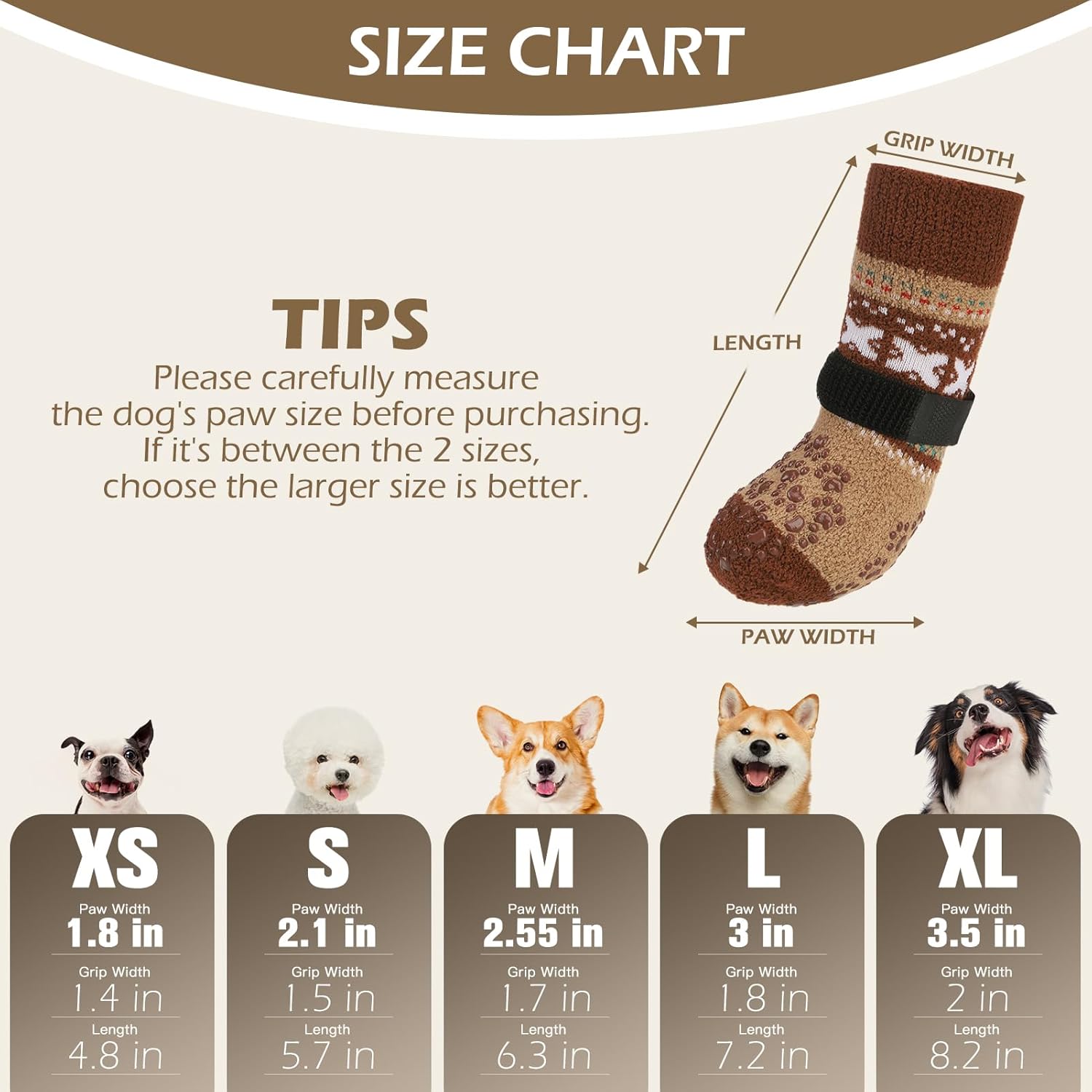 EXPAWLORER Anti Slip Dog Socks to Prevent Licking Paws, Soft Dog Boots & Paw Protectors, Dog Booties for Hardwood Floors, Shoes for Small Medium Large Senior Dogs,Khaki S Small Thickened Khaki(4 PCS)
