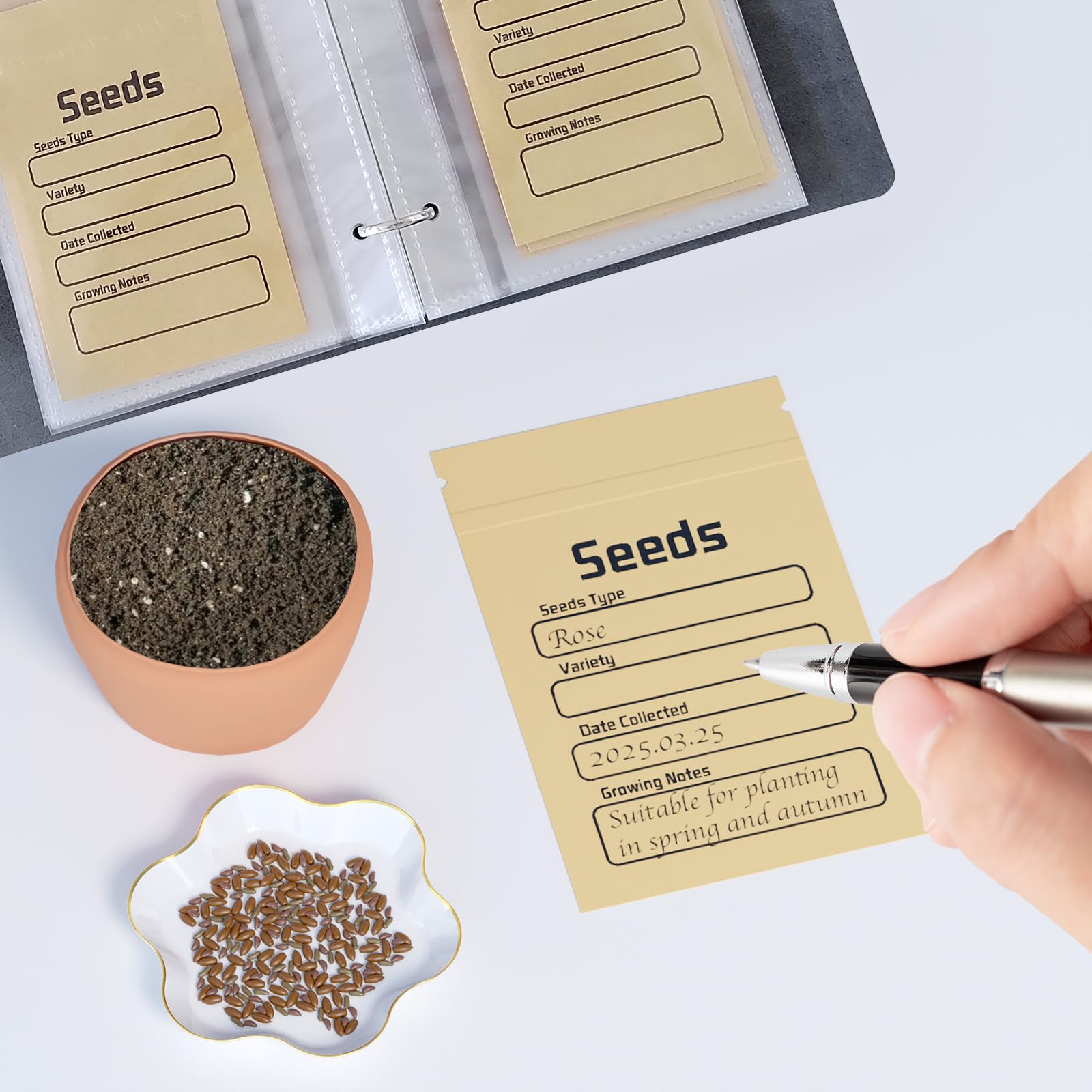 Carpeta organizadora de semillas con 50 sobres de semillas resellables, 50 bolsillos de almacenamiento, fundas transparentes de 3.5 x 5 pulgadas, ahorrador de semillas para los amantes del jardín