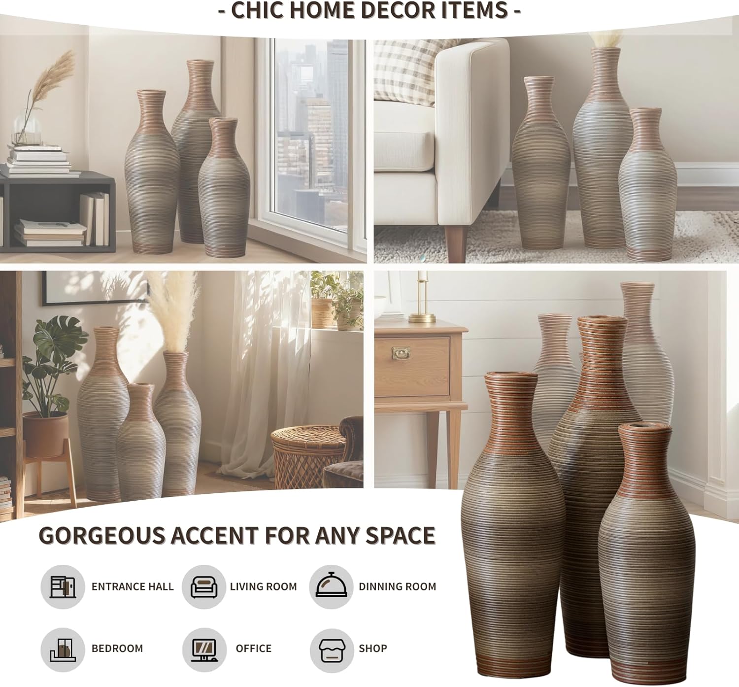 Large Tall Floor Vase Set of 3, Brown PVC Vases with Rattan Weave, Home Decoration Flower Stand for Artificial Vine Arrangement (Brown Grey (28.35"/ 24.41"/ 20.47" Height))