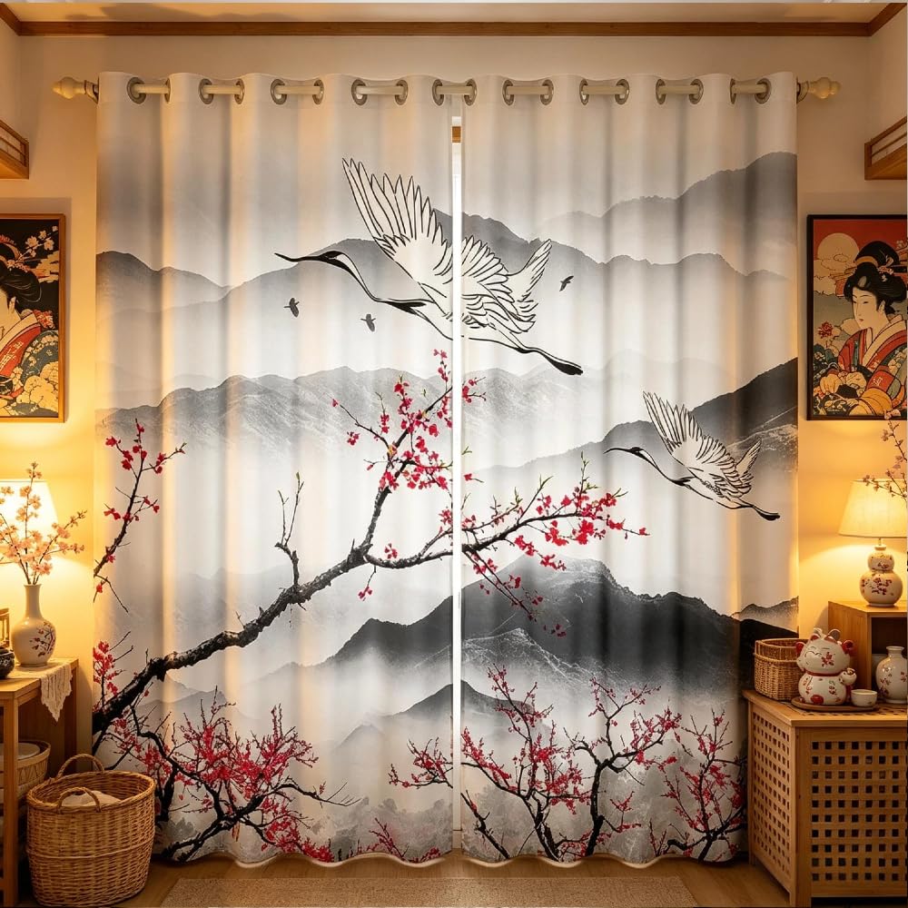 Loussiesd Cherry Blossom Window Treatments Crane Hokusai Pattern Window Curtains for Bedroom Living Room for Kids Boys Girls Teens Japanese Ukiyoe Window Drapes Japanese Style W66*L90 โ image 1