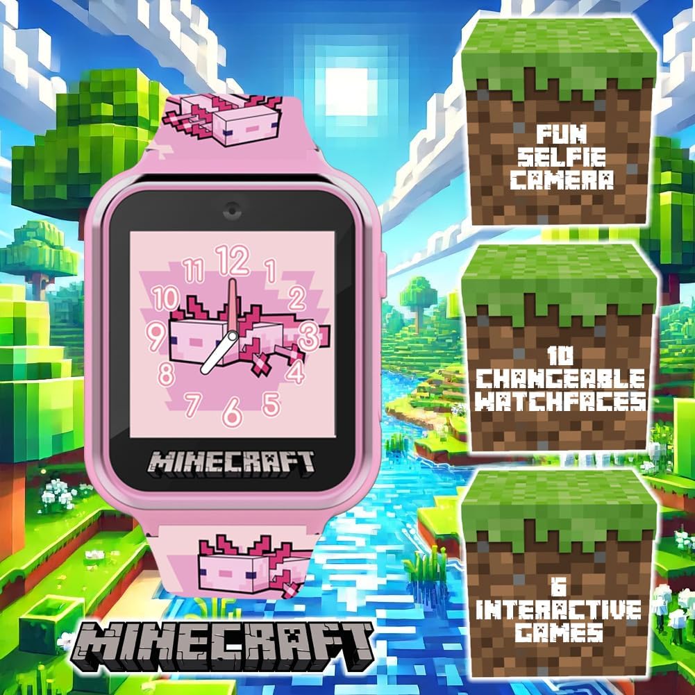 Minecraft Kids Smartwatch – Pink Axolotl Design, 10 Watch Faces, Step Counter, Selfie Camera, Calculator, Games, Voice Recorder, Alarm & Timer, Printed Silicone Straps – Fits Wrists 5.5"-8.0" - Image 2