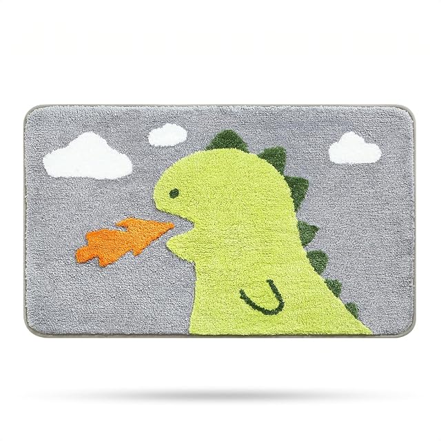 Dinosaur Bath Mat Non Slip, Bath Rug Soft Shower Rug Plush Microfiber Water Absorbent Thick Shaggy Floor Mats for Bathroom, Bedroom, Kitchen, Machine Washable, 16" x 24"
