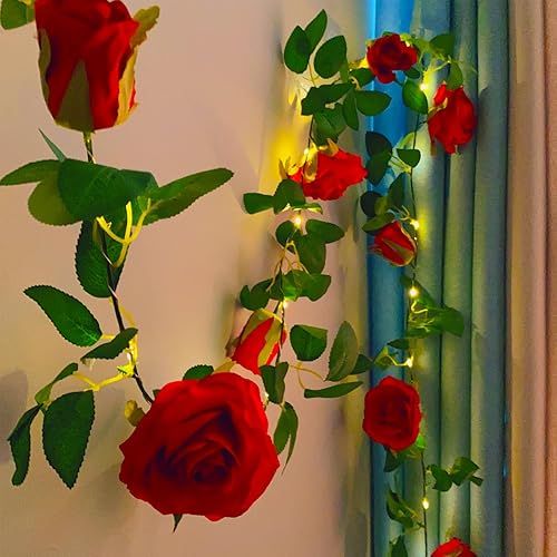 Miniatura 8 de Guirnalda de flores artificiales con 20 luces LED, 6.56 pies colgantes de rosas y vides, guirnalda de luces decorativas para jardín, boda,