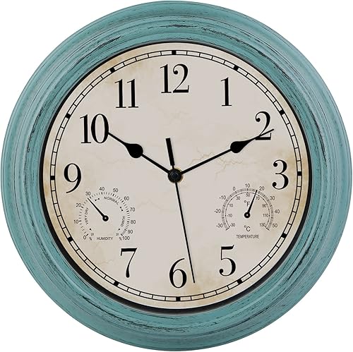 Reloj de pared retro impermeable de 12 pulgadas para interiores y exteriores, con termómetro e higrómetro, funciona con pilas, reloj de pared