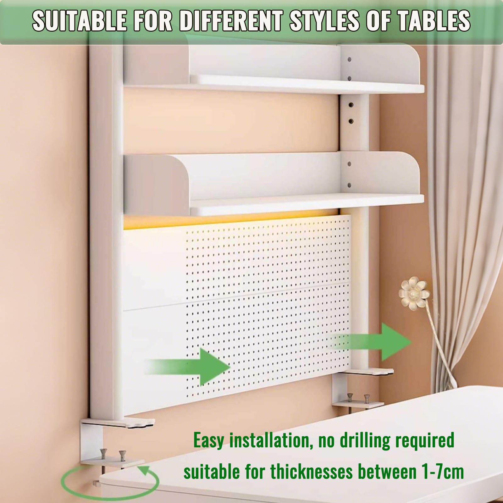 Scaffale organizer da scrivania con morsetto, scaffale da scrivania, regolabile, accessori da scrivania con display a pannello forato, mensola salvaspazio per casa e ufficio