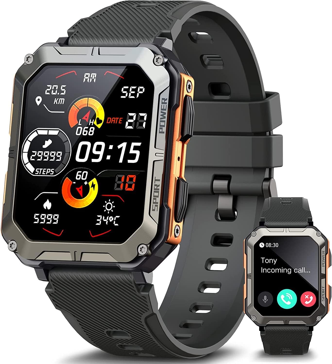 ZONEY Military Rugged Smartwatch for Men, ZONEY Sport Watch with Answer/Make Call IP68 1.83 inch Fitness Tracker Pedometer SpO2 for Outdoor Enthusiasts (Orange)