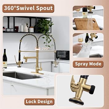 Fapully LED Kitchen Faucet with Pull Down Sprayer,Brushed Gold