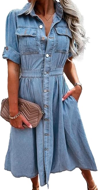 Sexyshine Womens Button Down Jean Shirt Dress Short Sleeve Pleated High Waist Lapel Collar Denim Long Dress with Pockets