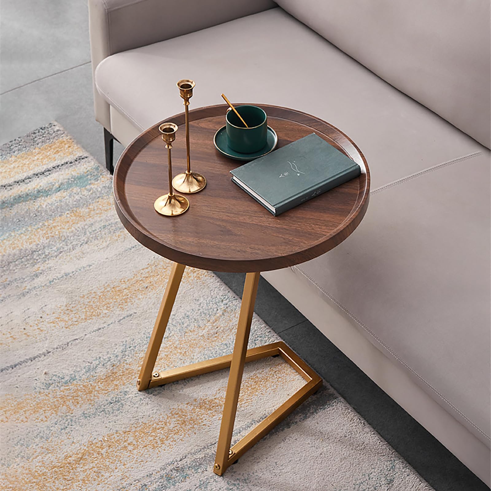 Table d'appoint en Forme de C, Table de canapé coulissante sous Un Petit côté pour canapé, Plateau TV, Salon, Chambre à Coucher, lit, Meubles Modernes, Noyer
