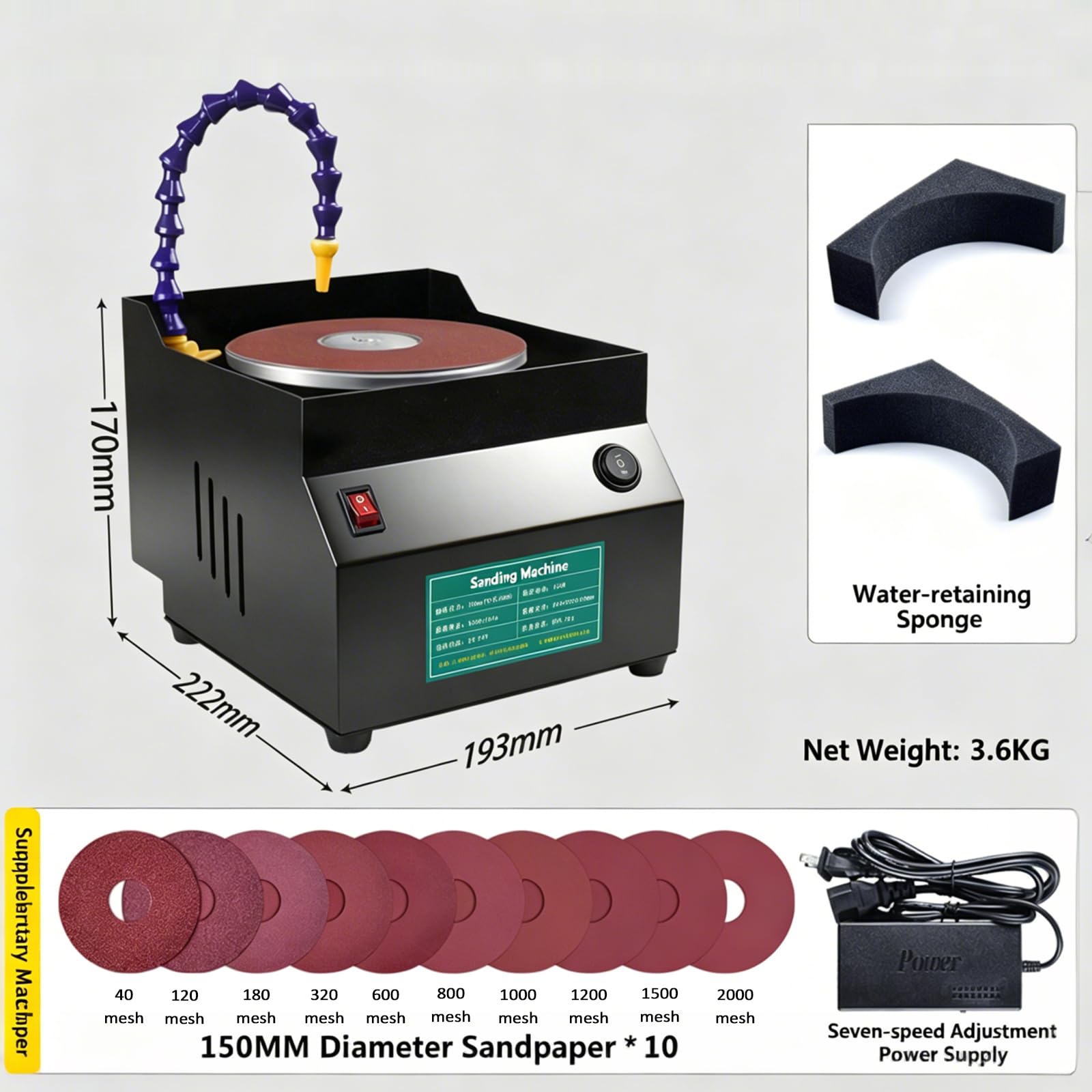 Wassergekühlte Messerschleifmaschine, Nass-Schärfsystem, 7 Geschwindigkeiten einstellbar, vorwärts/rückwärts, 10 Schleifscheiben, für Scheren Metallarbeiten