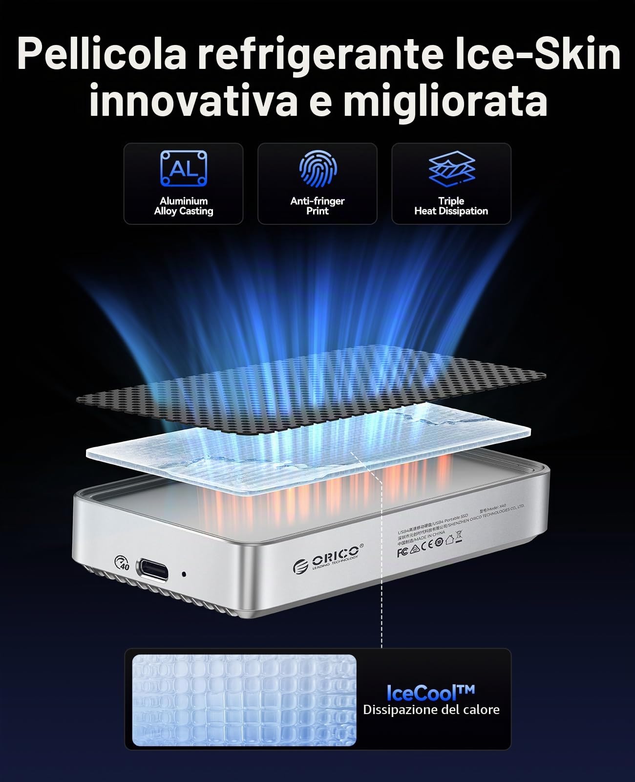 ORICO SSD Esterno USB 4.0 da 2TB, 3800 MB/s (40 Gbps), SSD NVMe Portatile Ultraveloce, Compatibile con Thunderbolt 3/4, Design in Alluminio Senza Ventola per Fotografi e Video Editor - X40 | SSD NVMe ultra veloce, compatibile con Thunderbolt 3/4, design i