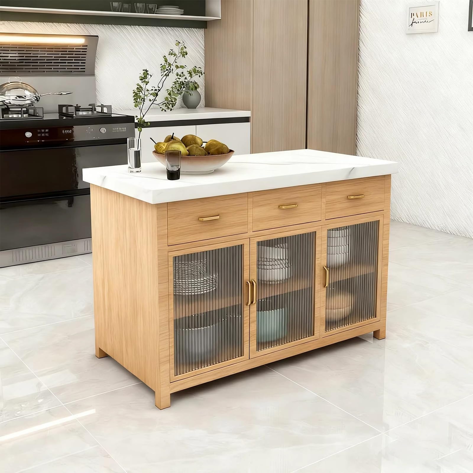 Zf9tBw5sH Unità cucina ad isola Isola cucina con piano in pietra e ante in vetro scanalato. Mobile portaoggetti in legno cassetti