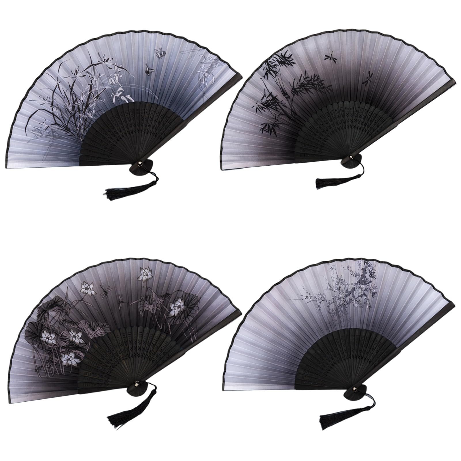 4 Pack Folding Fans, Handheld Silk Fabric Folding Hand Fans with Tassel Hollow Carved Handheld Folding Fan, Wooden Chinese/Japanese Hand Fans Folding Held Fans for Women Wedding Party Wall Decoration