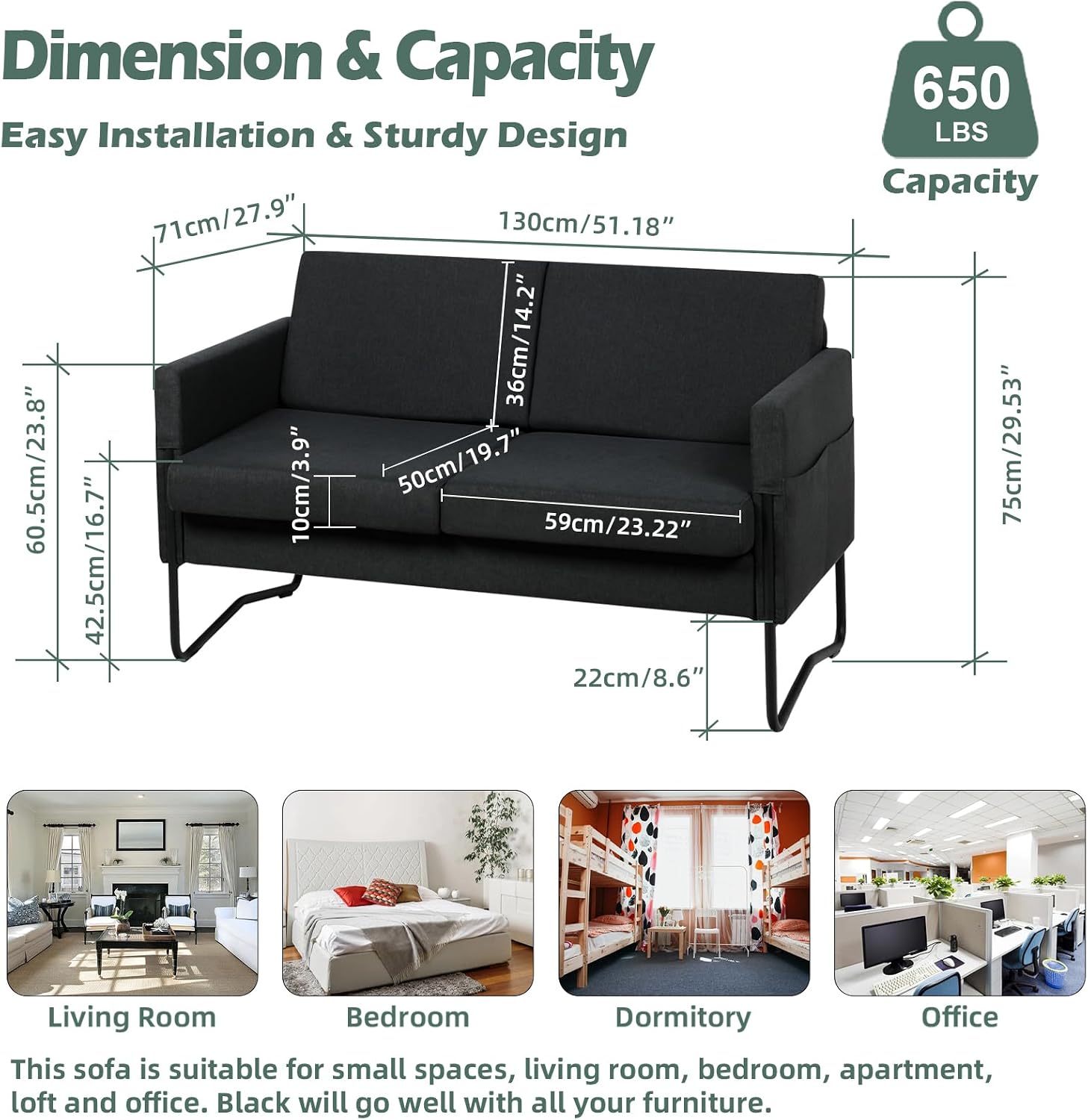 STHOUYN 51” Small Loveseat Sofa Black Couch with 2 USB Ports Modern 2-Person Loveseat