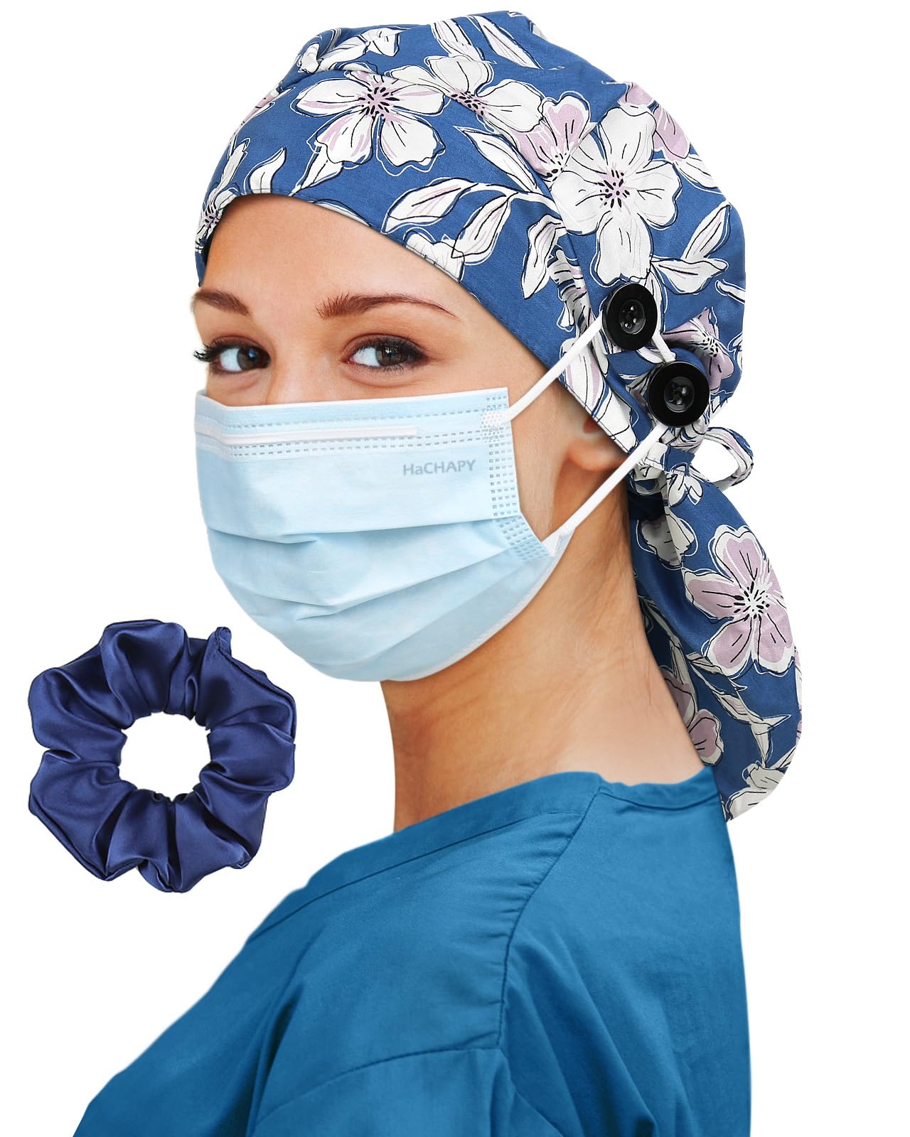 Satin Lined Scrub Cap for Women Extra Large Long Hair Surgical Nurse Cap 4 Buttons