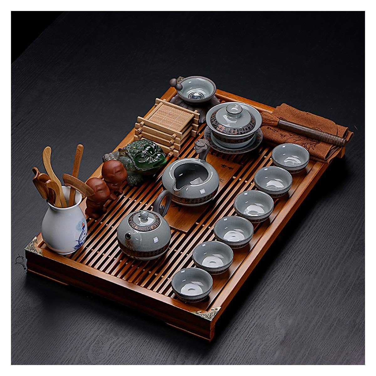 Ceramiczny zestaw do herbaty Kung Fu z tacą drenażową, elegancki zestaw do serwowania herbaty do domu i biura, mały stolik kawowy, taca na herbatę, idealna na ceremonię parzenia herbaty (kolor