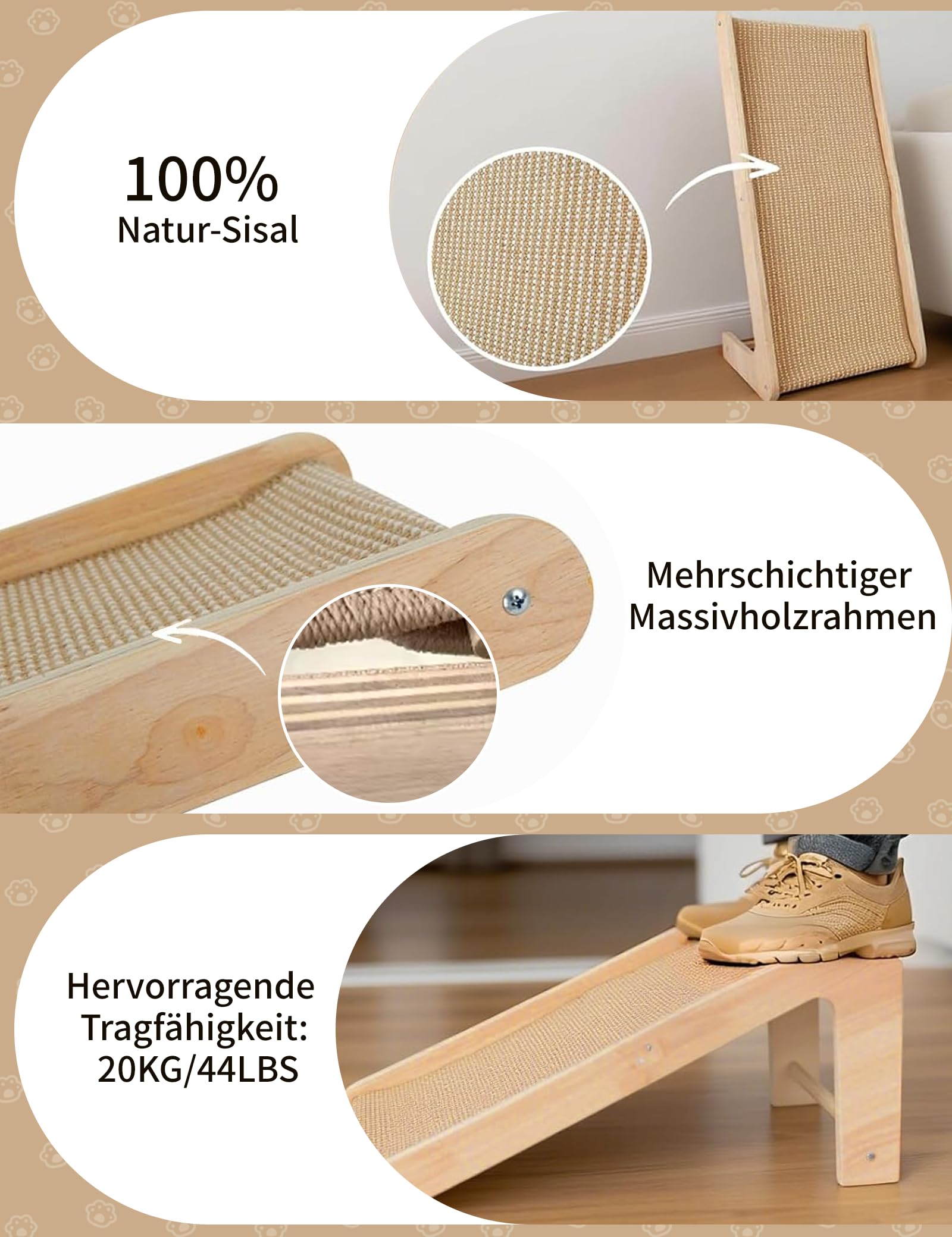 Kratzbrett Katzen, Large 69cm H, Sisal Kratzbrett Katze, Massives Holz & Natürliches Sisal Katzen kratzmatte, Katzen kratzmöbel für Wohnzimmer/Schlafenzimmer, Schützt Möbel vor Katzenkratzen