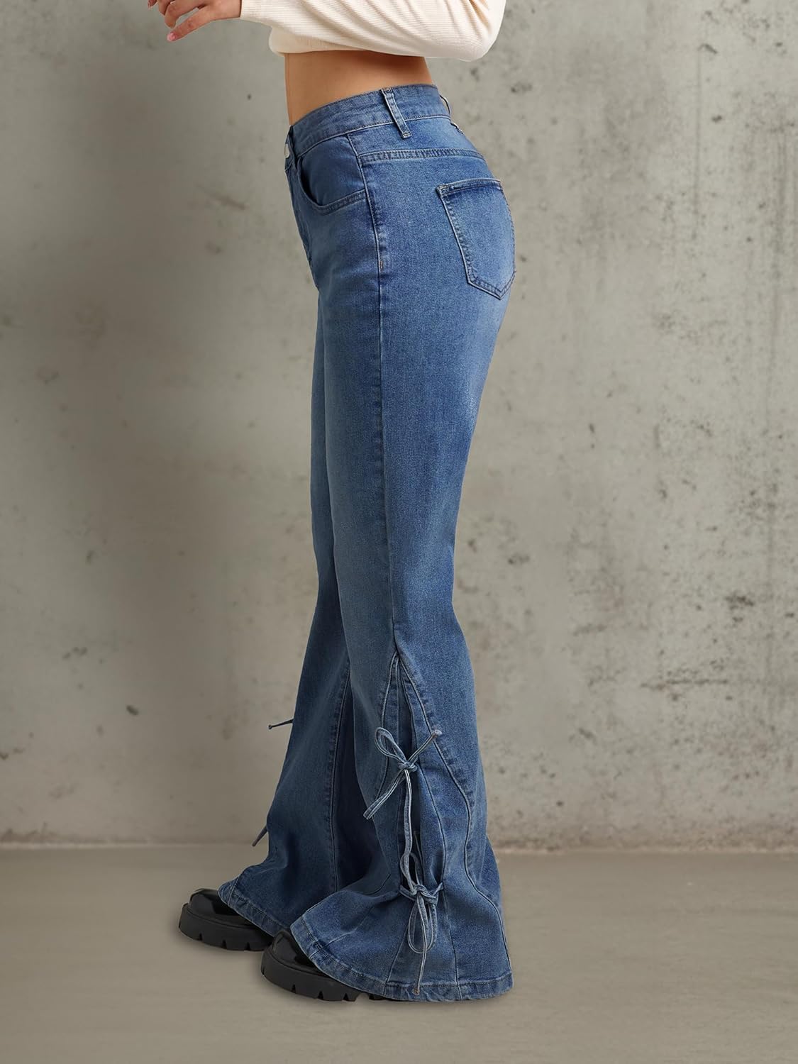 Women Bell Bottom Jeans Lace Up Bow Stretch Flare Denim Pants Cute Y2k Vintage Jeans - Image 3