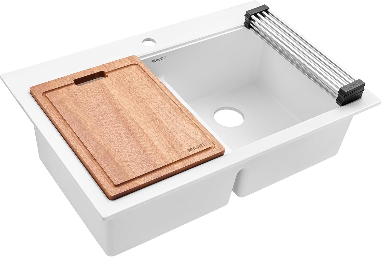 Ruvati 33-inch Drop-in Topmount Workstation 50/50 Double Bowl Granite Composite Quartz Kitchen Sink - Arctic White - RVG1343WH