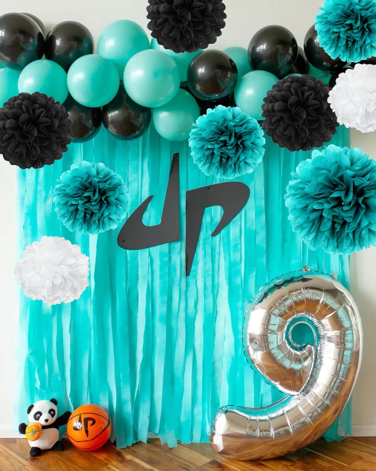 12PCS Teal Turquoise Aqua Black Party Streamers Paper Flower Pom Poms - Cool Dude Birthday Party Decorations Backdrop Breakfast Blue Teen Boys Party Mustache Baby Shower Wedding Décor