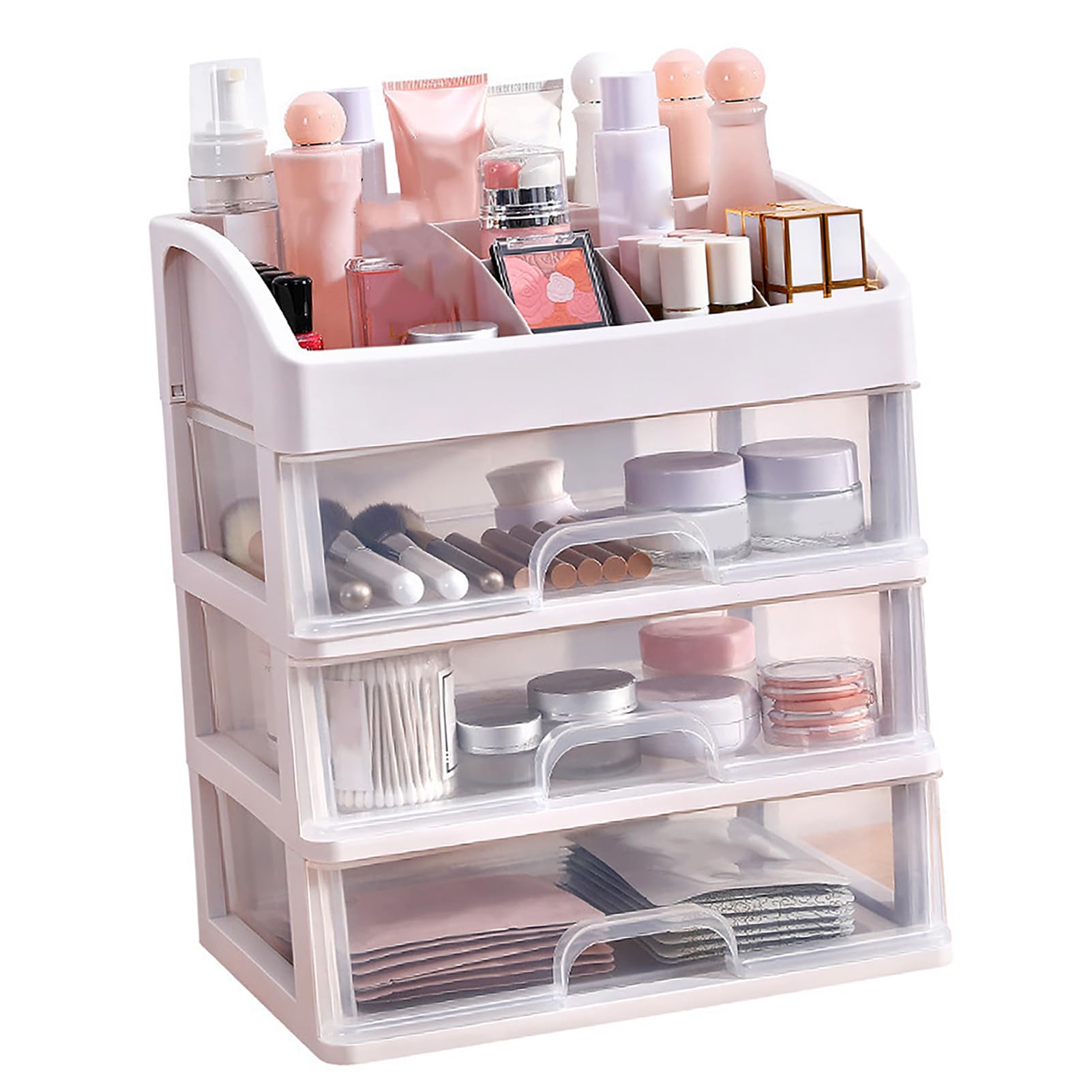 Jelquix 3 Tiered Drawer Cosmetic Storage Box with Transparent Design for Makeup and Jewelry Organization in Durable Plastic