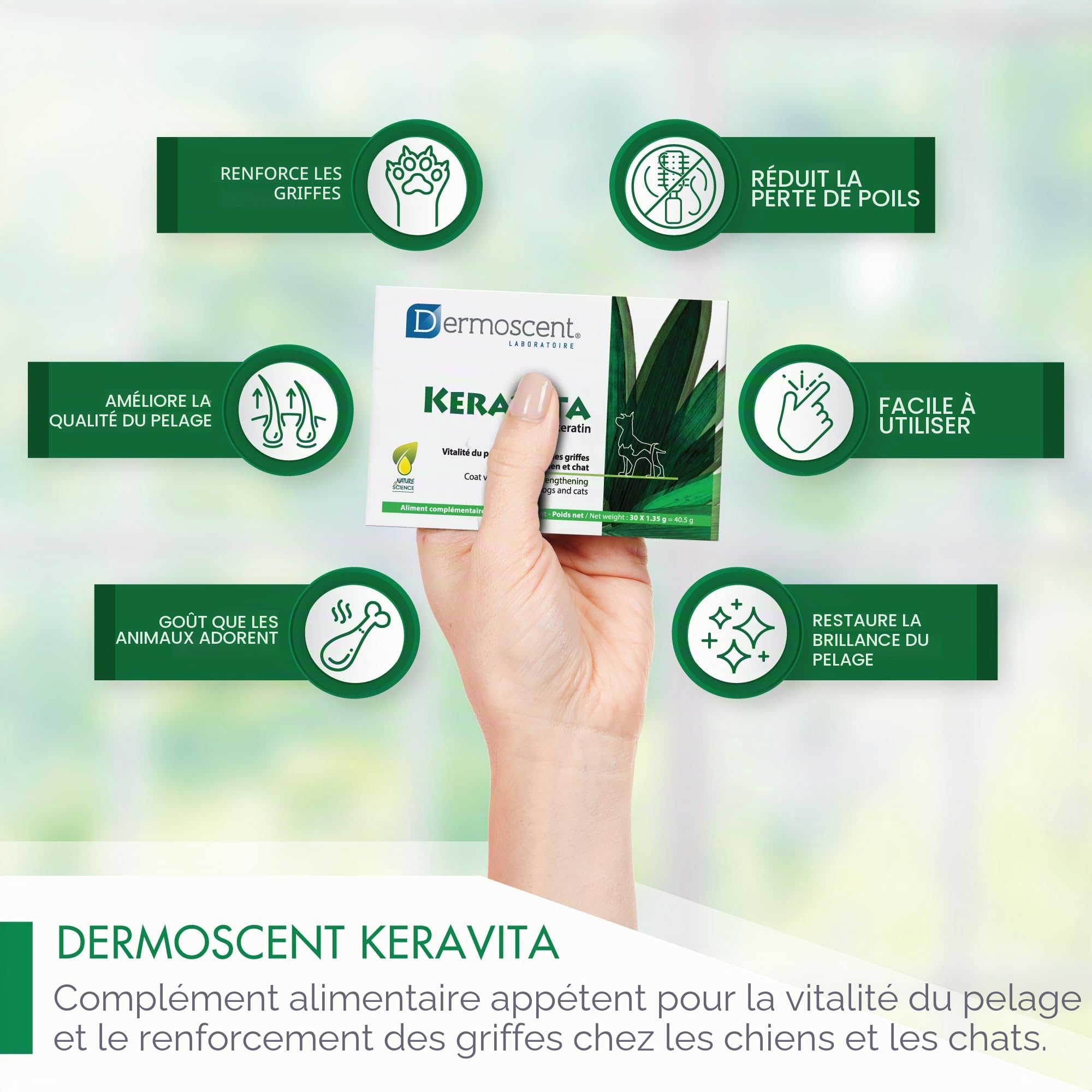 KERAVITA Phytokeratin pour Chiens & Chats | Vitalité du Pelage et Solidité des Griffes | 30 Sachets | Complément Alimentaire Naturel | Dermoscent