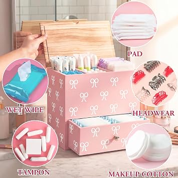 Pink Bow Tampon Holder for Bathroom Wood Feminine Product Organizer with Drawer and Lid Pad and Tampon Organizer Bathroom Accessories Storage Box for Pink Bow Washroom Period Box