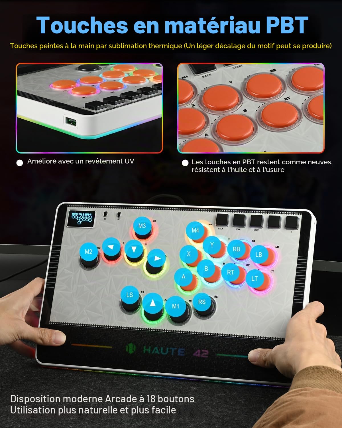 Haute42 C-AT Bâton d'arcade sans levier pour PC/PS3/PS4/Switch Game, contrôleur d'arcade avec câble de sécurité et support Turbo Swap et SOCD Blanc