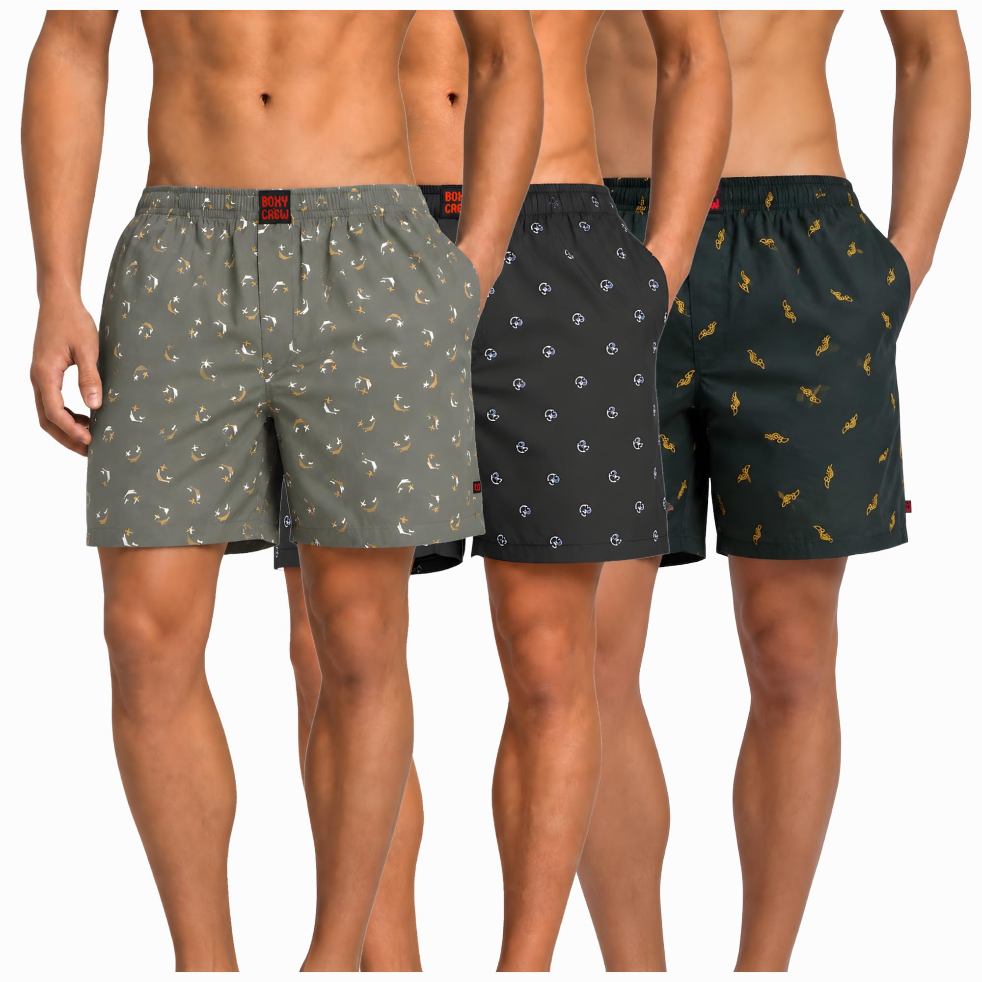 Men's 100% Cotton Boxer Shorts Pack of 3, Green, Navy Blue & Dark Teal | Woven Boxers with Side Pockets, No-Marks Elastic Waistband, Breathable Relaxed Fit | Style 008-009-010-image-44