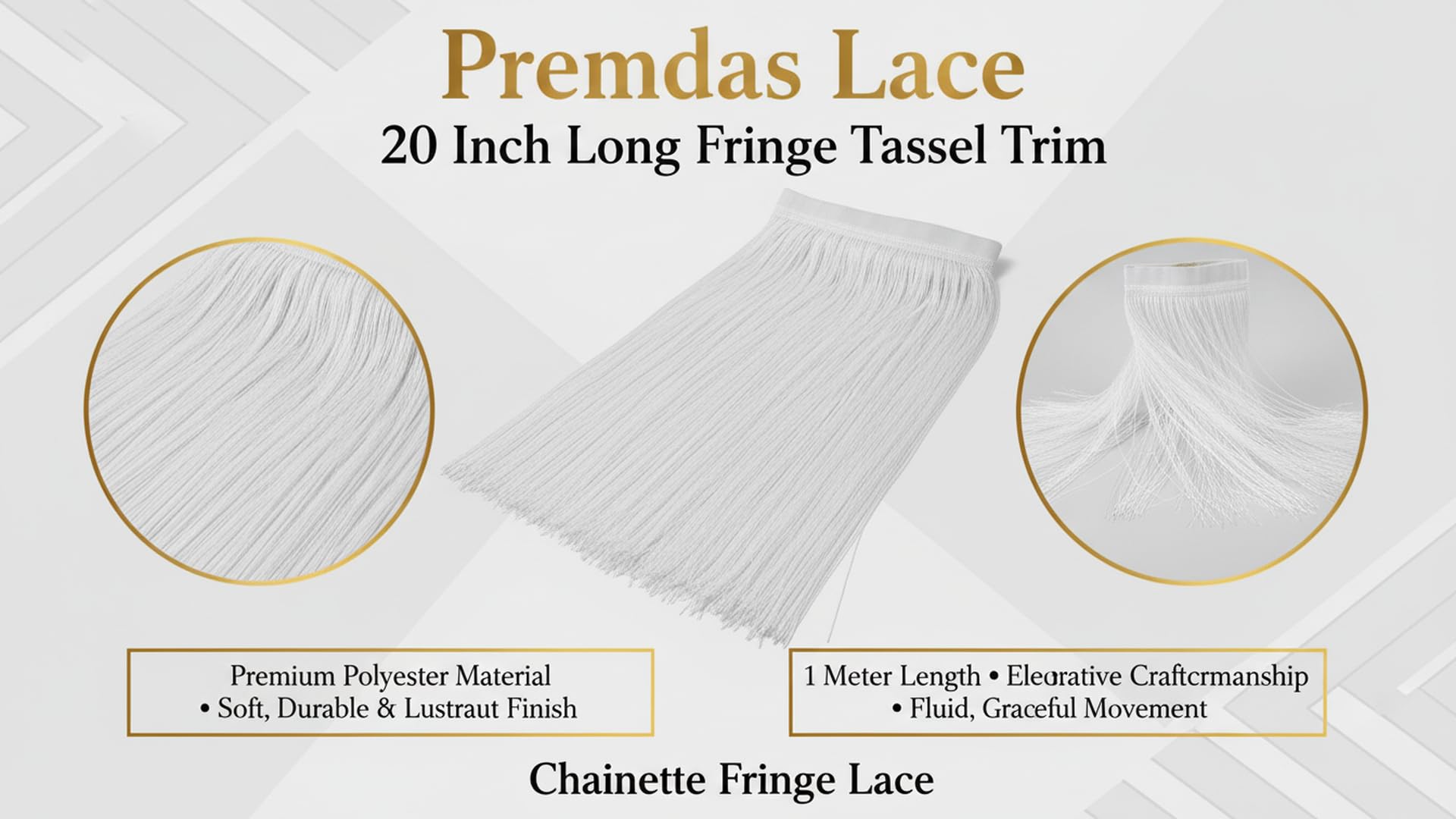 Premdas Lace 20 Inch Off White Long Fringe Tassel Trim Polyester Chainette Fringe Lace for Latin Dress Samba Dancewear Macrame Costume Decoration Sewing Craft | 1 Meter 4